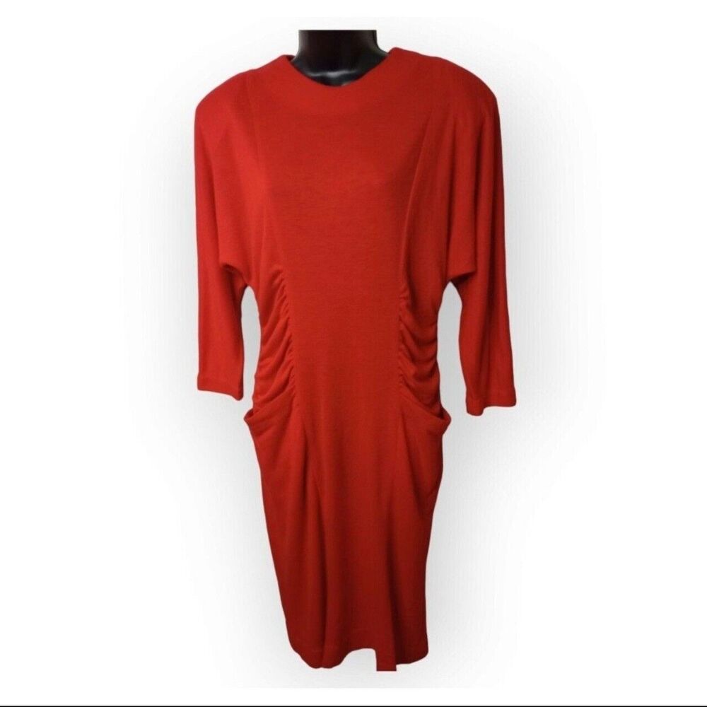 VINTAGE 80s Courtney Jones by Teddi Pencil Ruched Dress Pockets Midi Sz 12 Red